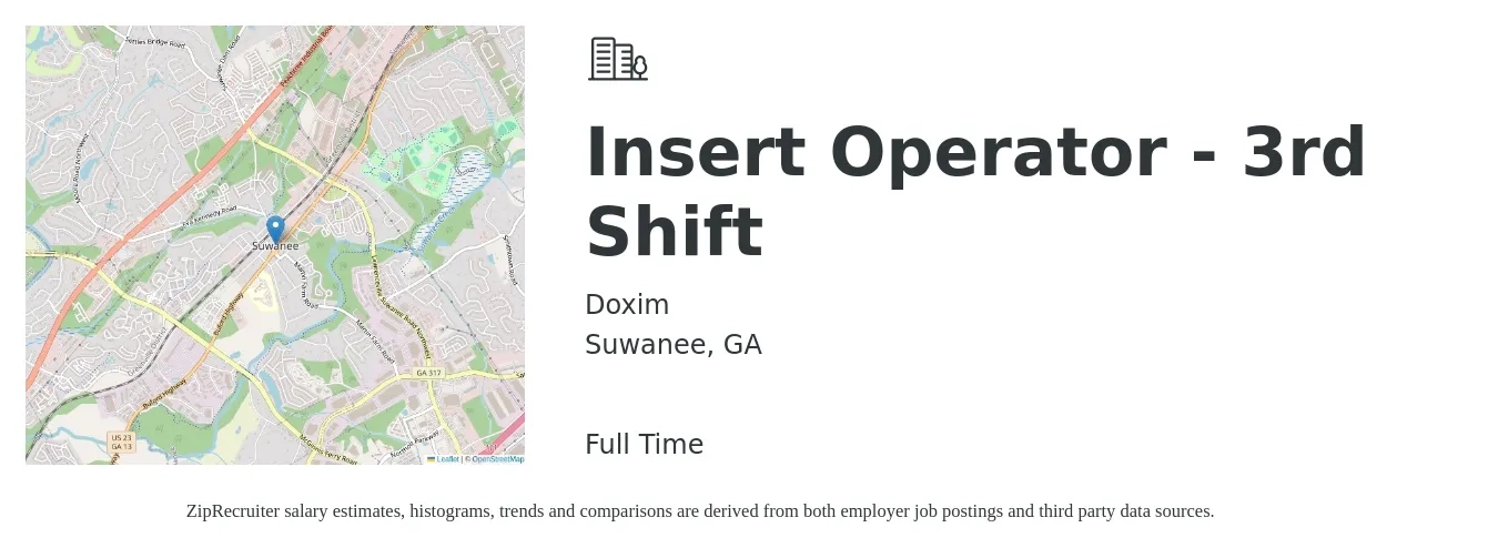 Doxim job posting for a Insert Operator - 3rd Shift in Suwanee, GA with a salary of $16 to $18 Hourly with a map of Suwanee location.