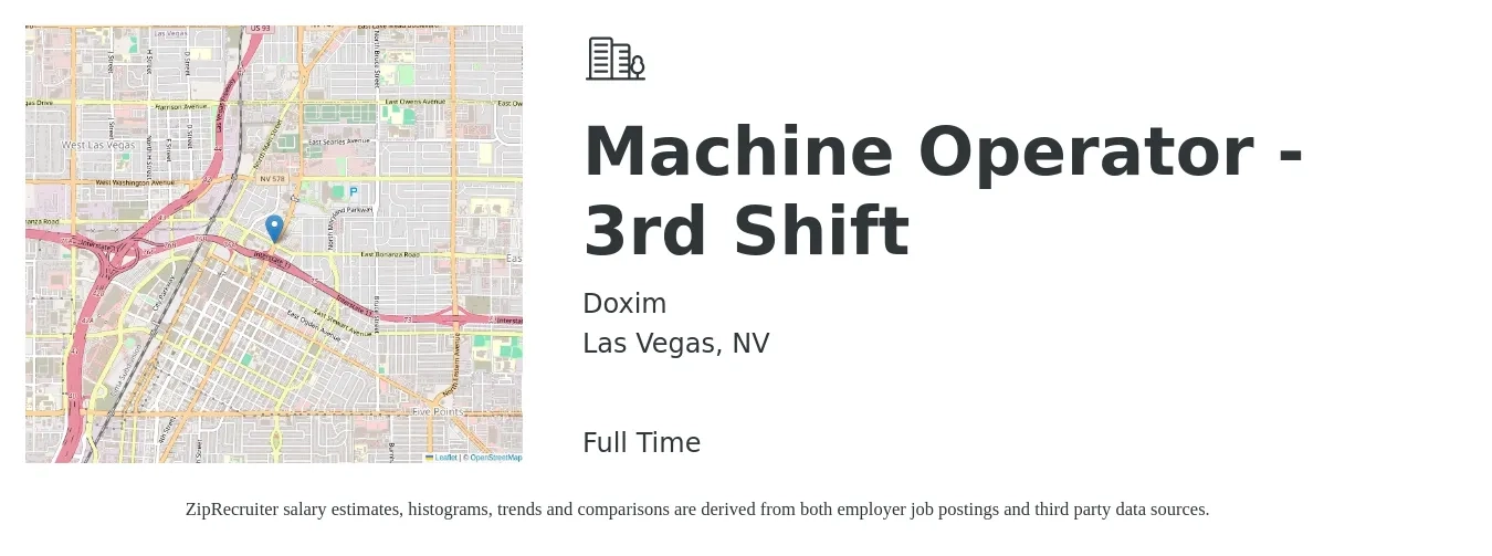 Doxim job posting for a Machine Operator - 3rd Shift in Las Vegas, NV with a salary of $16 to $19 Hourly with a map of Las Vegas location.