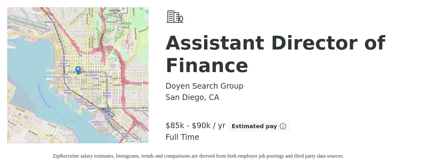 Doyen Search Group job posting for a Assistant Director of Finance in San Diego, CA with a salary of $85,000 to $90,000 Yearly with a map of San Diego location.