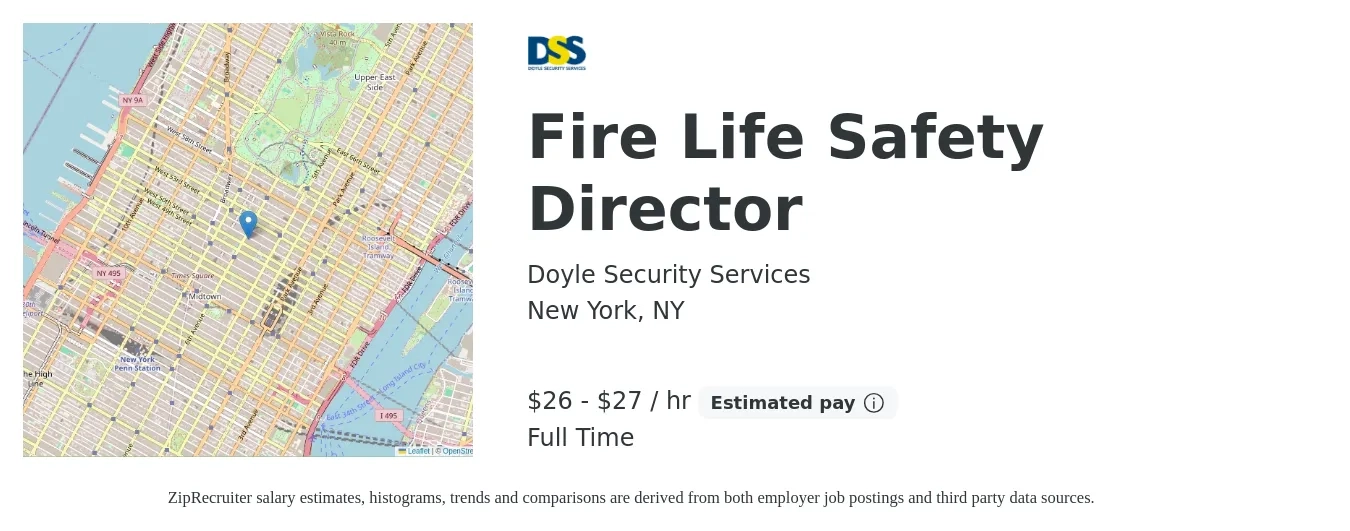 Doyle Security Services job posting for a Fire Life Safety Director in New York, NY with a salary of $28 to $29 Hourly with a map of New York location.