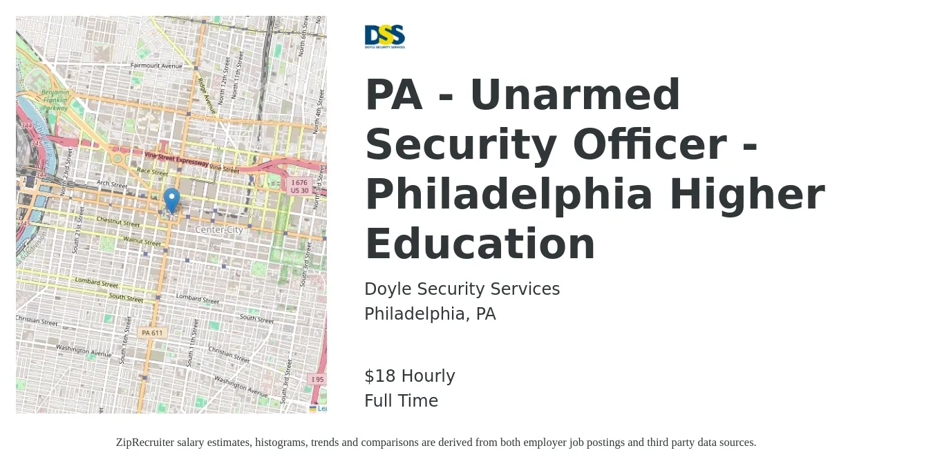 Doyle Security Services job posting for a PA - Unarmed Security Officer -Philadelphia Higher Education in Philadelphia, PA with a salary of $16 to $17 Hourly with a map of Philadelphia location.