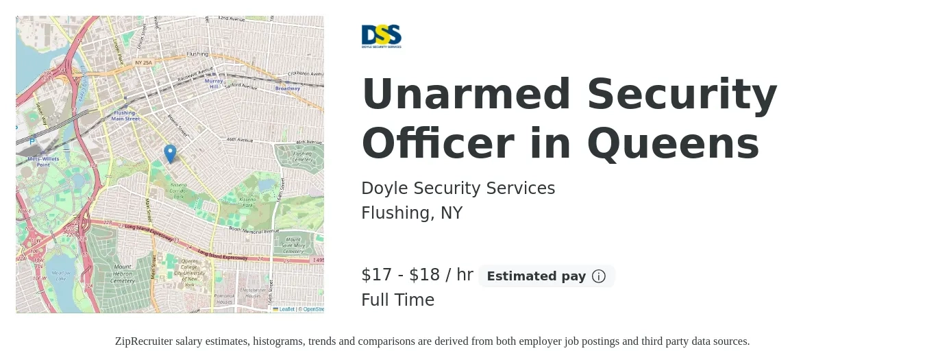 Doyle Security Services job posting for a Unarmed Security Officer in Queens in Flushing, NY with a salary of $18 to $19 Hourly with a map of Flushing location.
