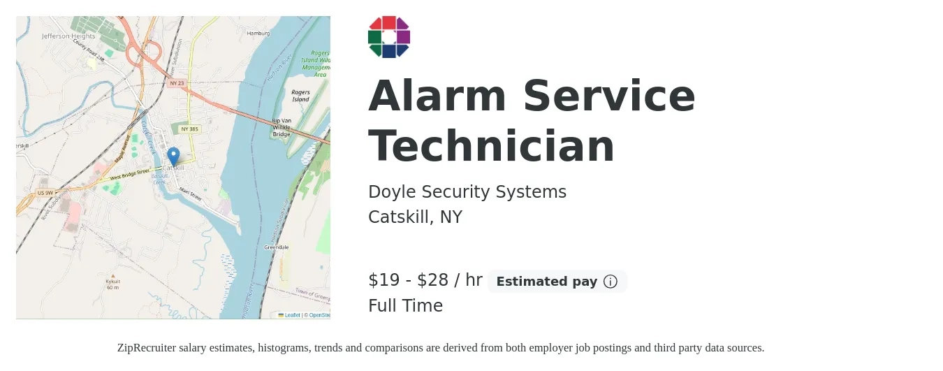 Doyle Security Systems job posting for a Alarm Service Technician in Catskill, NY with a salary of $20 to $30 Hourly with a map of Catskill location.