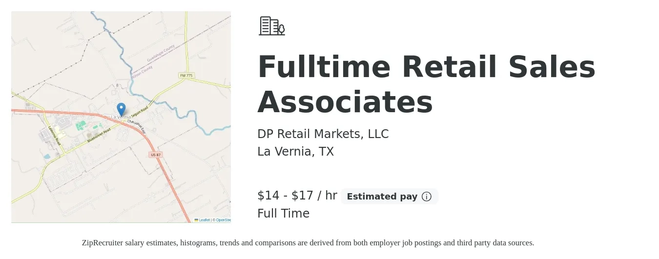 DP Retail Markets, LLC job posting for a Fulltime Retail Sales Associates in La Vernia, TX with a salary of $15 to $18 Hourly with a map of La Vernia location.