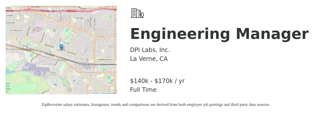 DPI Labs, Inc. job posting for a Engineering Manager in La Verne, CA with a salary of $140,000 to $170,000 Yearly with a map of La Verne location.