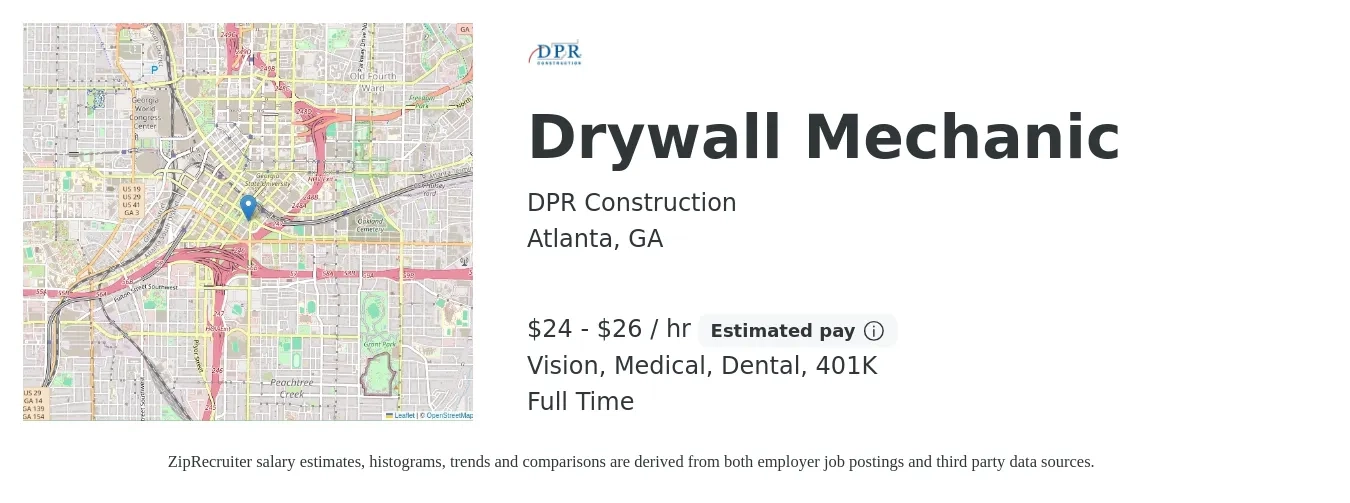 DPR Construction job posting for a Drywall Mechanic in Atlanta, GA with a salary of $25 to $28 Hourly and benefits including medical, vision, 401k, and dental with a map of Atlanta location.