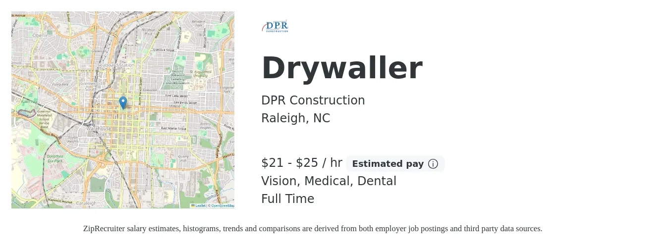 DPR Construction job posting for a Drywaller in Raleigh, NC with a salary of $22 to $26 Hourly and benefits including dental, life_insurance, medical, pto, retirement, and vision with a map of Raleigh location.