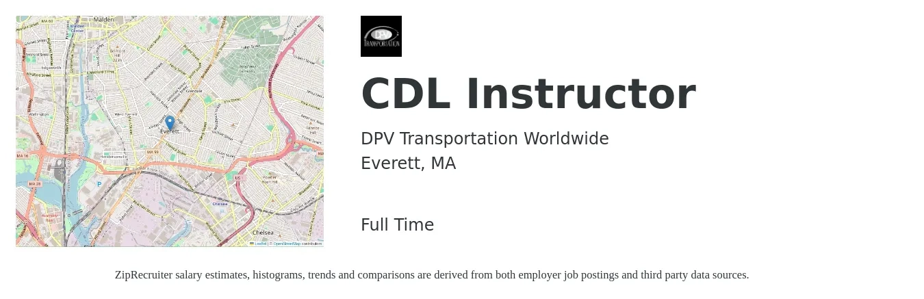 DPV Transportation Worldwide job posting for a CDL Instructor in Everett, MA with a salary of $22 to $28 Hourly with a map of Everett location.