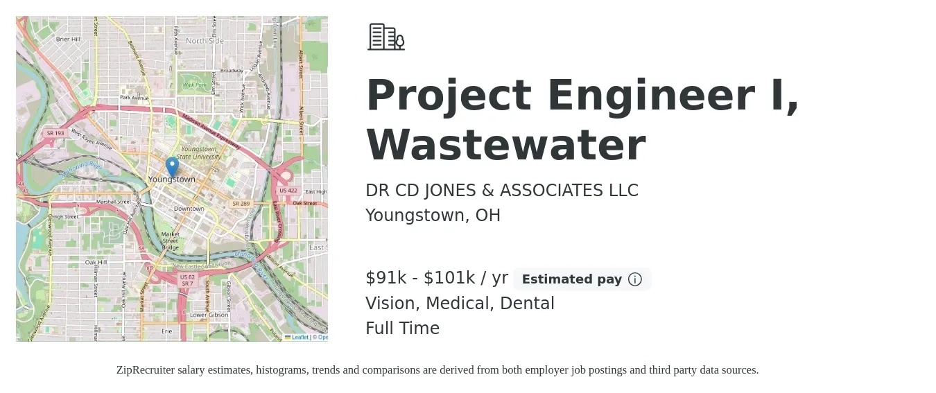 DR CD JONES & ASSOCIATES LLC job posting for a Project Engineer I, Wastewater in Youngstown, OH with a salary of $91,000 to $101,000 Yearly and benefits including vision, dental, life_insurance, medical, pto, and retirement with a map of Youngstown location.