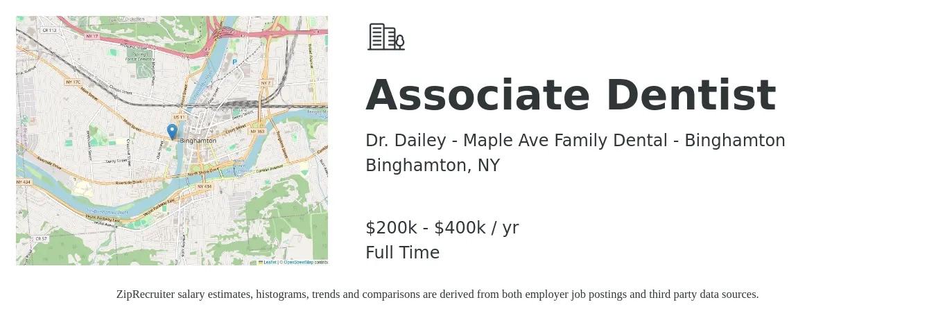Dr. Dailey - Maple Ave Family Dental - Binghamton job posting for a Associate Dentist in Binghamton, NY with a salary of $200,000 to $400,000 Yearly with a map of Binghamton location.