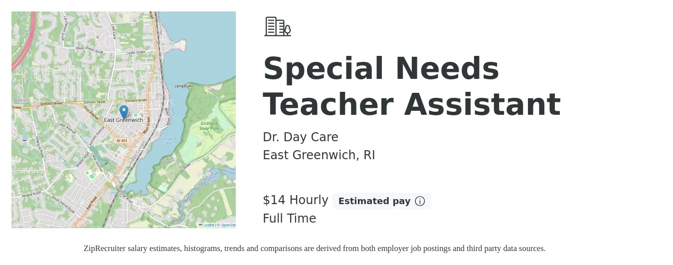 Dr. Day Care job posting for a Special Needs Teacher Assistant in East Greenwich, RI with a salary of $15 Hourly with a map of East Greenwich location.