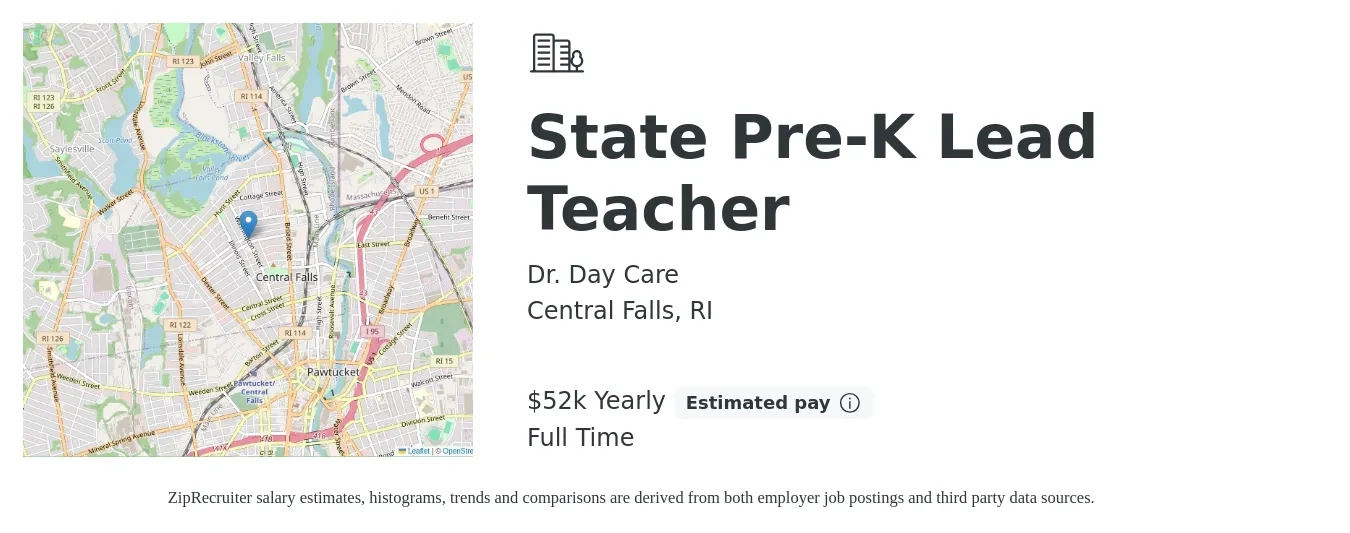 Dr. Day Care job posting for a State Pre-K Lead Teacher in Central Falls, RI with a salary of $52,000 Yearly with a map of Central Falls location.
