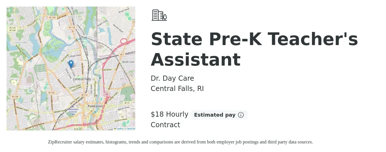 Dr. Day Care job posting for a State Pre-K Teacher's Assistant in Central Falls, RI with a salary of $19 Hourly with a map of Central Falls location.