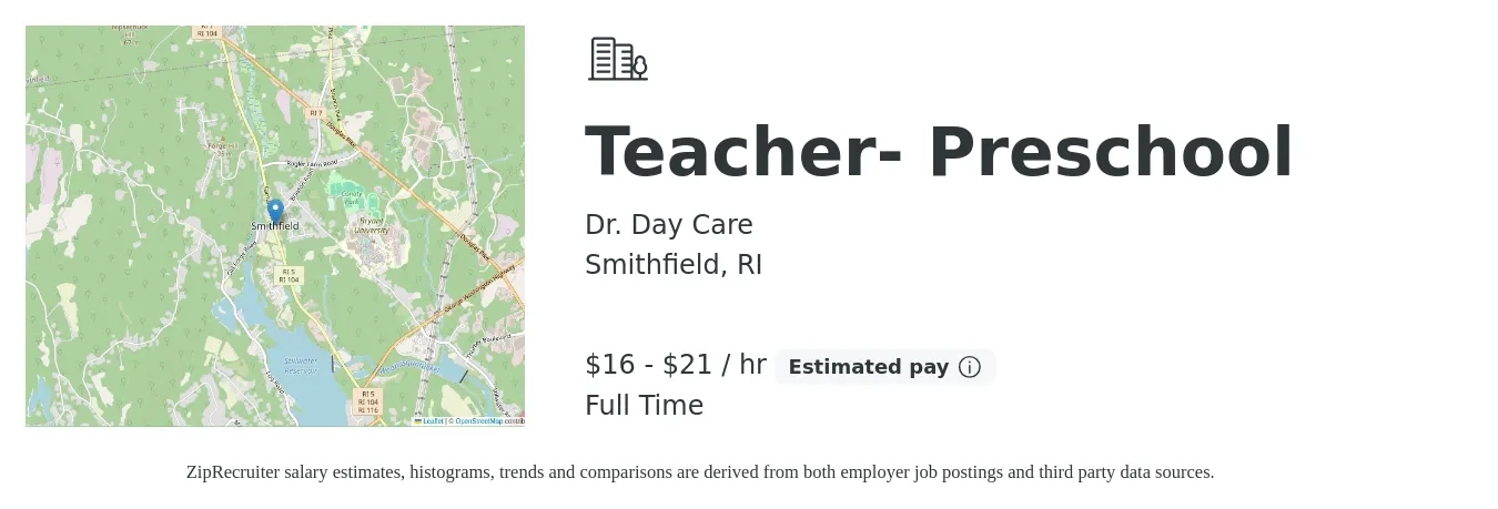 Dr. Day Care job posting for a Teacher- Preschool in Smithfield, RI with a salary of $17 to $22 Hourly with a map of Smithfield location.