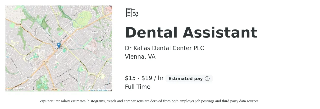 Dr Kallas Dental Center PLC job posting for a Dental Assistant in Vienna, VA with a salary of $16 to $20 Hourly with a map of Vienna location.