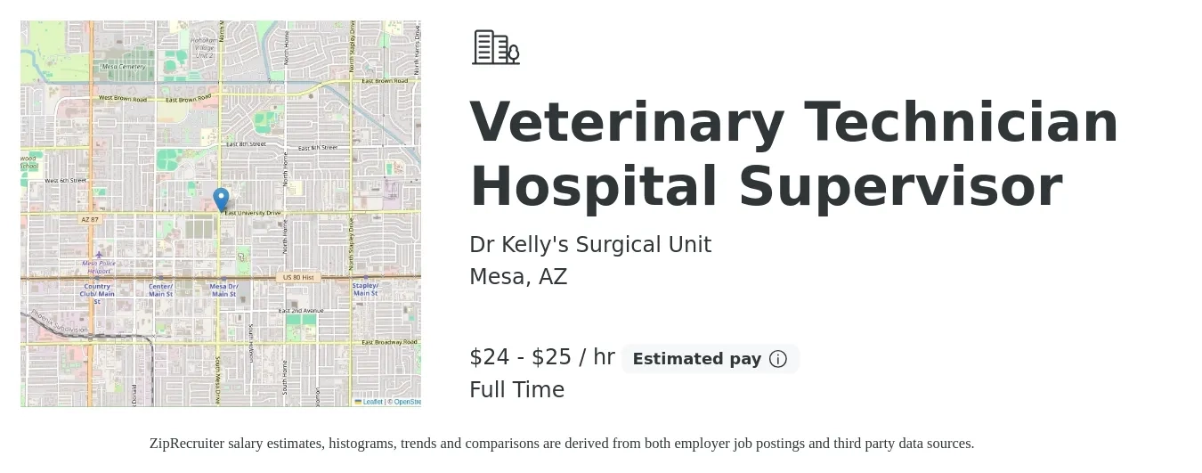 Dr Kelly's Surgical Unit job posting for a Veterinary Technician Hospital Supervisor in Mesa, AZ with a salary of $16 to $23 Hourly with a map of Mesa location.
