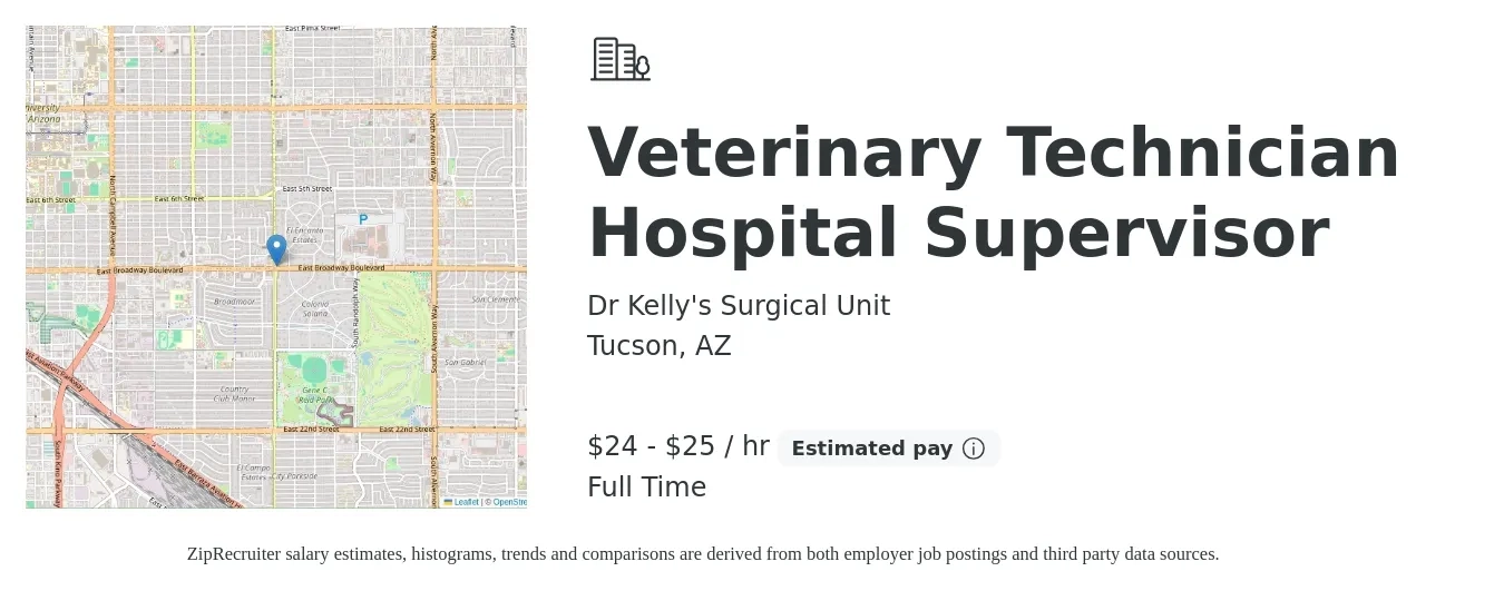Dr Kelly's Surgical Unit job posting for a Veterinary Technician Hospital Supervisor in Tucson, AZ with a salary of $16 to $22 Hourly with a map of Tucson location.