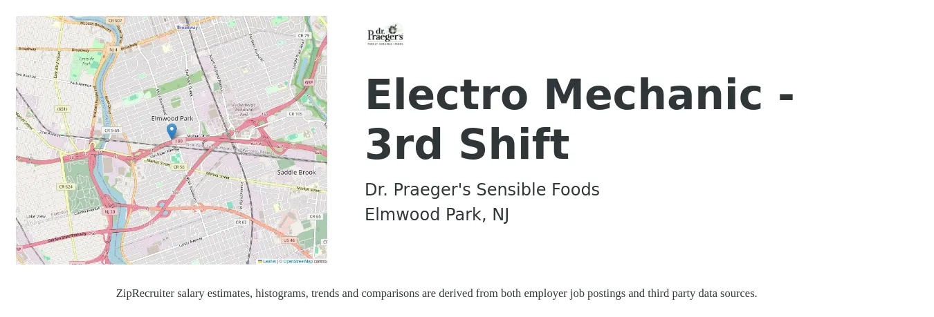 Dr. Praeger's Sensible Foods job posting for a Electro Mechanic - 3rd Shift in Elmwood Park, NJ with a salary of $28 to $35 Hourly with a map of Elmwood Park location.