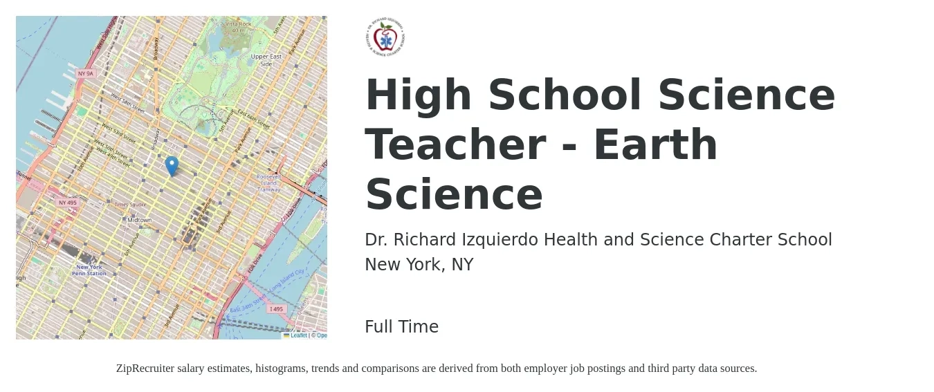 Dr. Richard Izquierdo Health and Science Charter School job posting for a High School Science Teacher - Earth Science in New York, NY with a salary of $50,200 to $64,800 Yearly with a map of New York location.