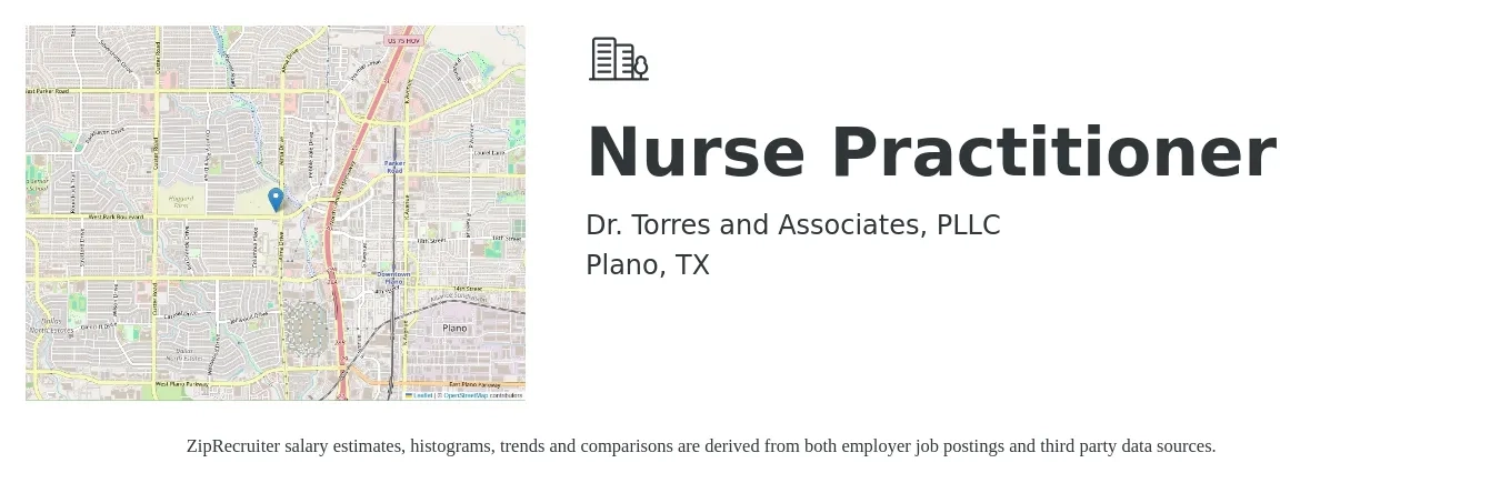 Dr. Torres and Associates, PLLC job posting for a Nurse Practitioner in Plano, TX with a salary of $100,000 to $115,000 Yearly with a map of Plano location.