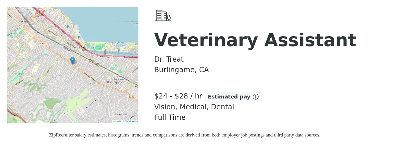 Dr. Treat job posting for a Veterinary Assistant in Burlingame, CA with a salary of $25 to $30 Hourly and benefits including dental, medical, pto, retirement, and vision with a map of Burlingame location.