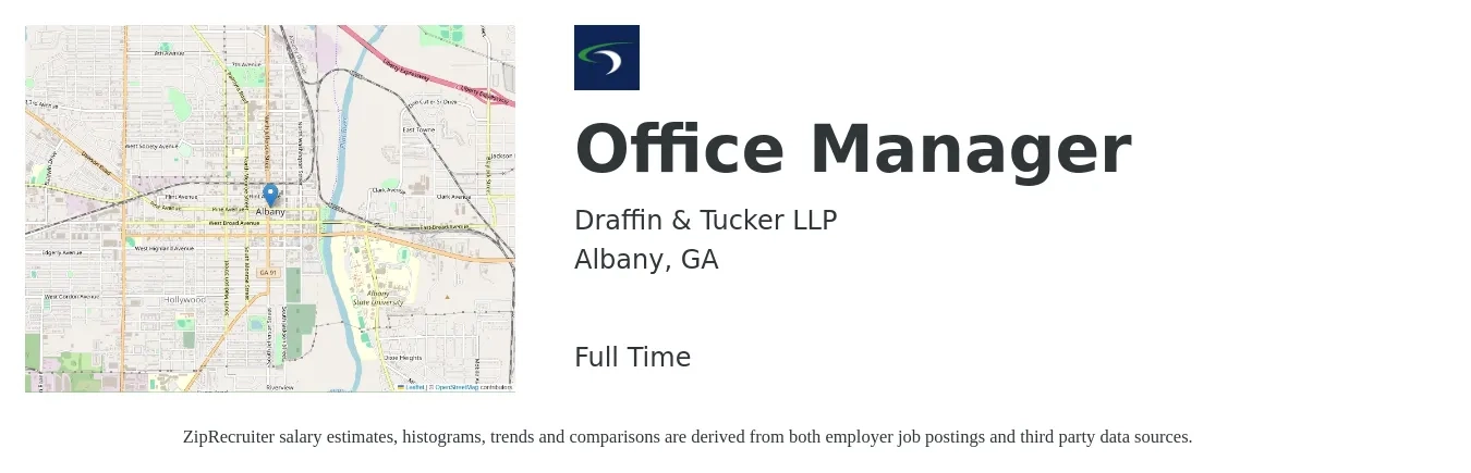 Draffin & Tucker LLP job posting for a Office Manager in Albany, GA with a salary of $37,000 to $54,500 Yearly with a map of Albany location.