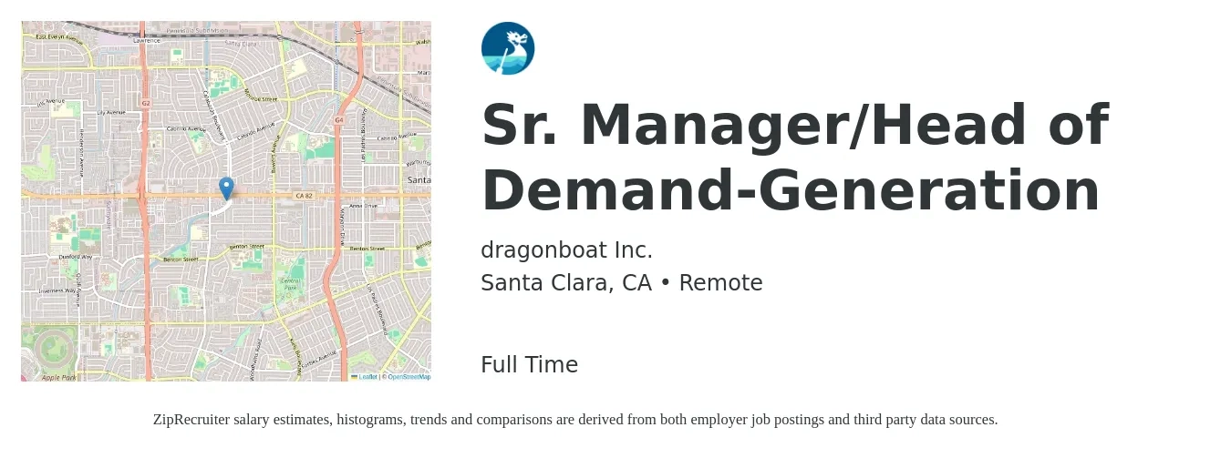 dragonboat Inc. job posting for a Sr. Manager/Head of Demand-Generation in Santa Clara, CA with a salary of $148,500 to $196,100 Yearly with a map of Santa Clara location.