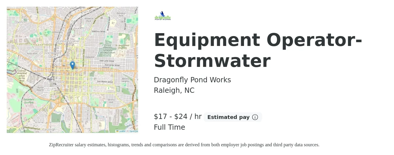 Dragonfly Pond Works job posting for a Equipment Operator- Stormwater in Raleigh, NC with a salary of $18 to $25 Hourly with a map of Raleigh location.