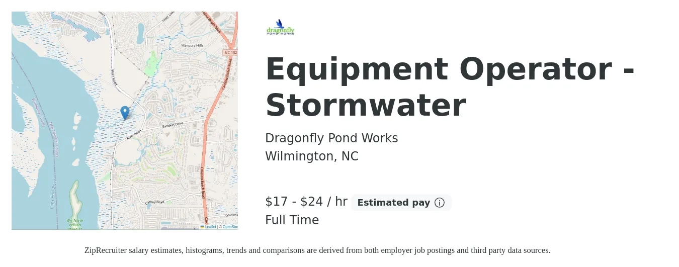 Dragonfly Pond Works job posting for a Equipment Operator - Stormwater in Wilmington, NC with a salary of $18 to $25 Hourly with a map of Wilmington location.