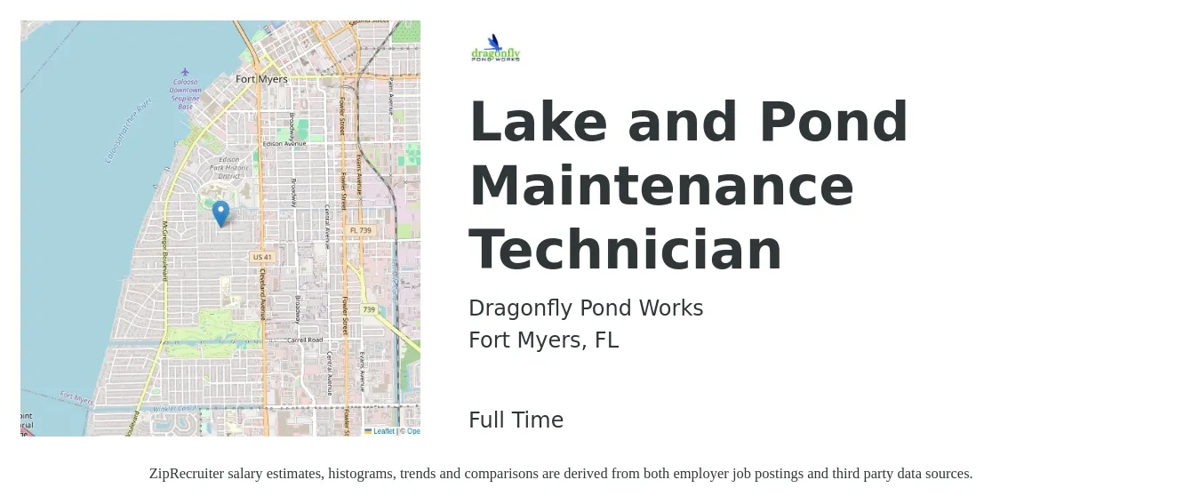 Dragonfly Pond Works job posting for a Lake and Pond Maintenance Technician in Fort Myers, FL with a salary of $18 to $22 Hourly with a map of Fort Myers location.