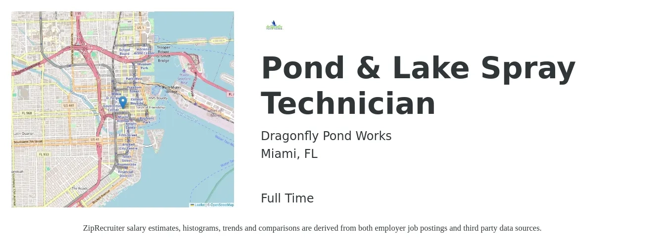 Dragonfly Pond Works job posting for a Pond & Lake Spray Technician in Miami, FL with a salary of $18 to $22 Hourly with a map of Miami location.