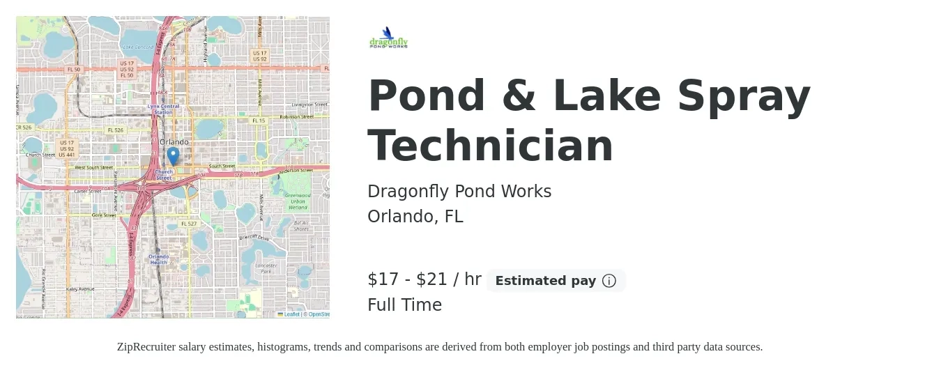 Dragonfly Pond Works job posting for a Pond & Lake Spray Technician in Orlando, FL with a salary of $18 to $22 Hourly with a map of Orlando location.