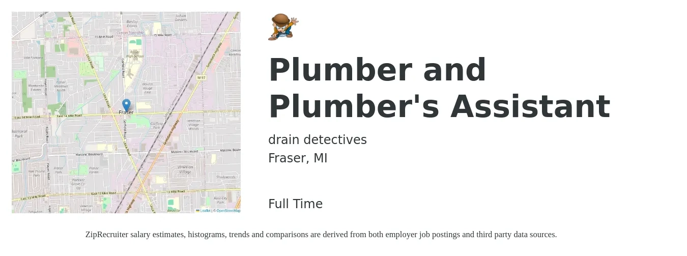 drain detectives job posting for a Plumber and Plumber's Assistant in Fraser, MI with a salary of $22 to $33 Hourly with a map of Fraser location.