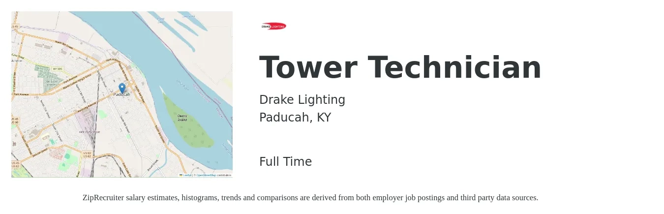 Drake Lighting job posting for a Tower Technician in Paducah, KY with a salary of $20 to $27 Hourly with a map of Paducah location.
