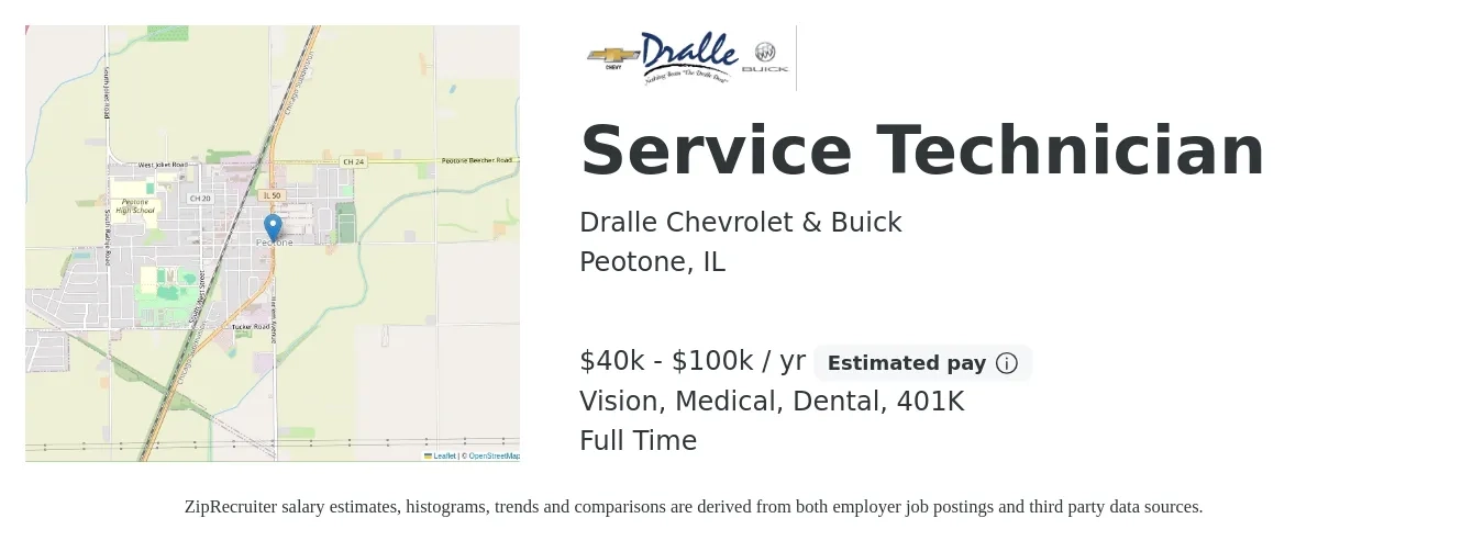 Dralle Chevrolet & Buick job posting for a Service Technician in Peotone, IL with a salary of $40,000 to $100,000 Yearly and benefits including 401k, dental, life_insurance, medical, and vision with a map of Peotone location.