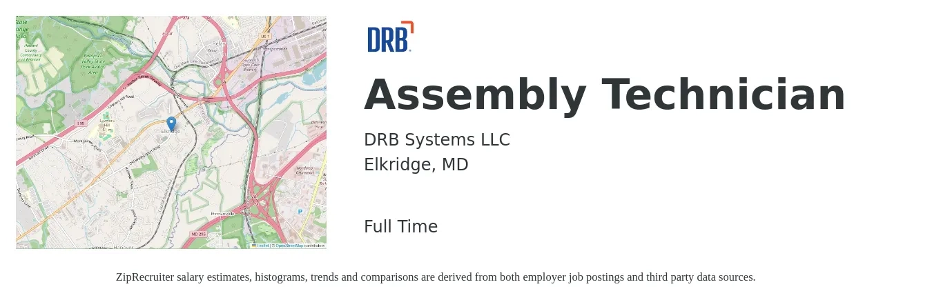 DRB Systems LLC job posting for a Assembly Technician in Elkridge, MD with a salary of $17 to $22 Hourly with a map of Elkridge location.
