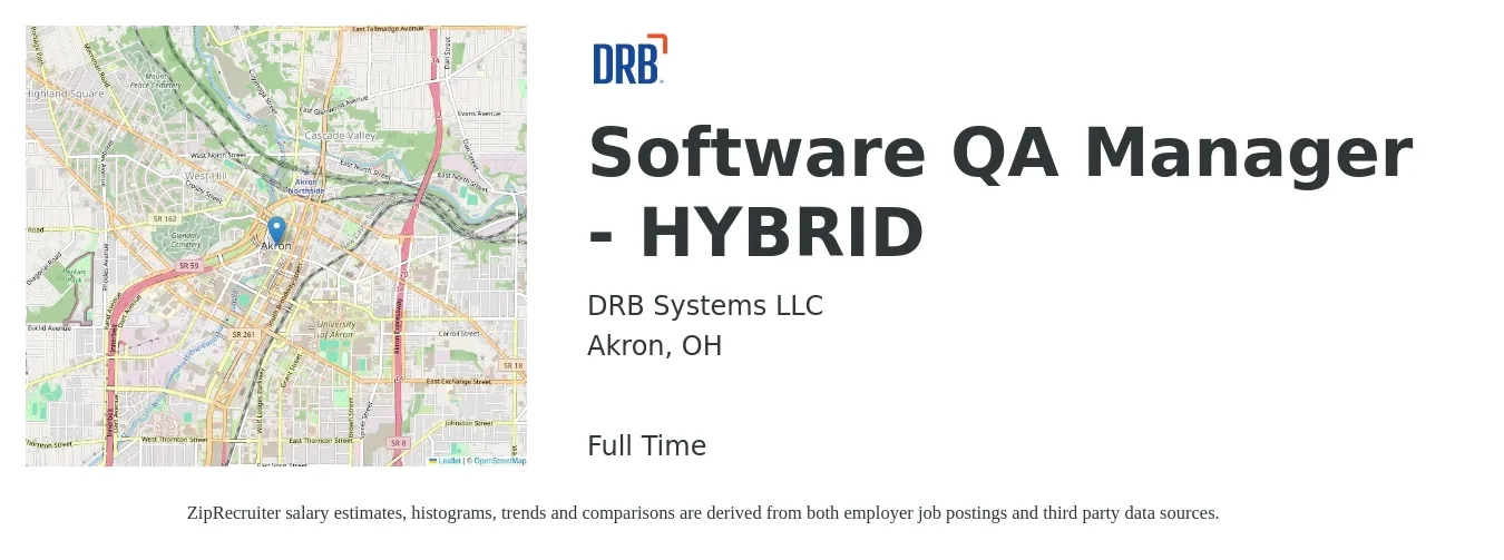 DRB Systems LLC job posting for a Software QA Manager - HYBRID in Akron, OH with a salary of $105,200 to $133,500 Yearly with a map of Akron location.