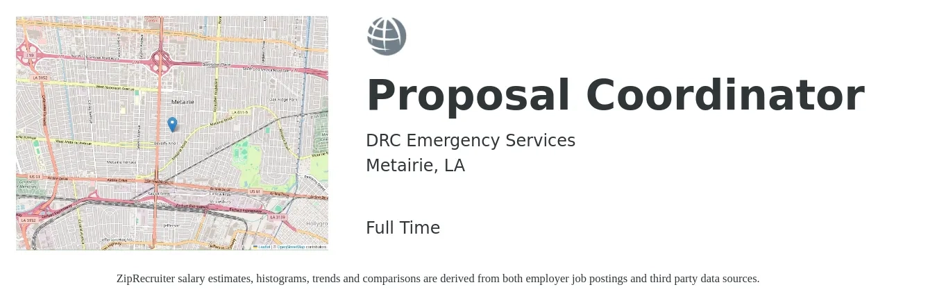 DRC Emergency Services job posting for a Proposal Coordinator in Metairie, LA with a salary of $50,900 to $67,500 Yearly with a map of Metairie location.