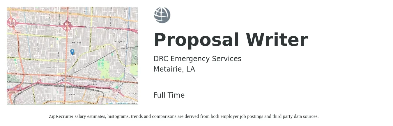 DRC Emergency Services job posting for a Proposal Writer in Metairie, LA with a salary of $58,700 to $83,700 Yearly with a map of Metairie location.