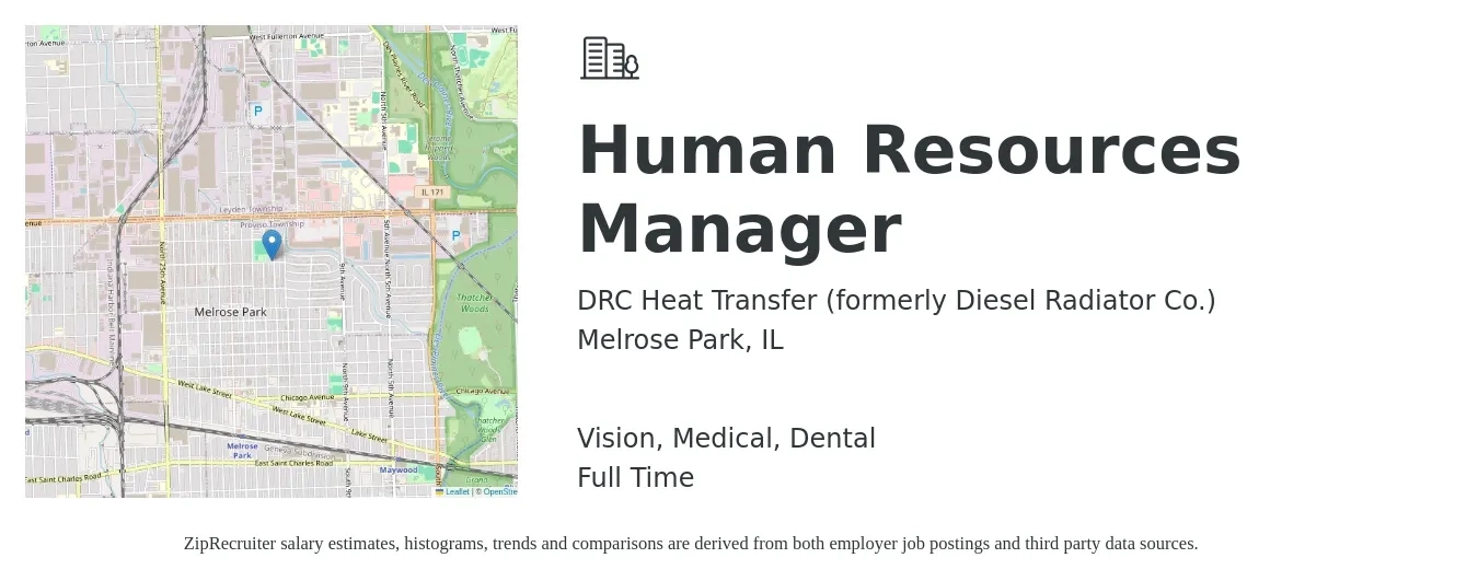 DRC Heat Transfer (formerly Diesel Radiator Co.) job posting for a Human Resources Manager in Melrose Park, IL with a salary of $67,400 to $97,600 Yearly and benefits including life_insurance, medical, pto, retirement, vision, and dental with a map of Melrose Park location.