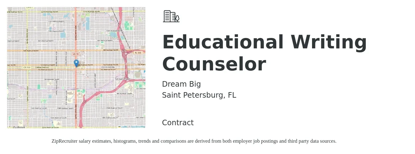 Dream Big job posting for a Educational Writing Counselor in Saint Petersburg, FL with a salary of $41,600 to $69,000 Yearly with a map of Saint Petersburg location.