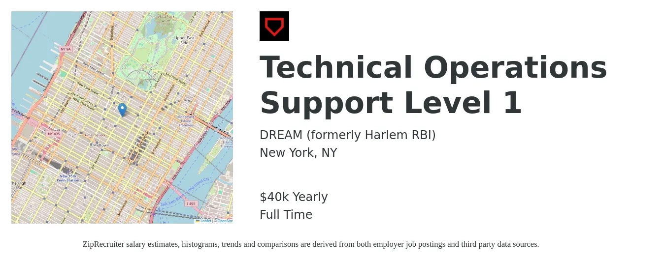 DREAM job posting for a Technical Operations Support Level 1 in New York, NY with a salary of $40,000 Yearly with a map of New York location.
