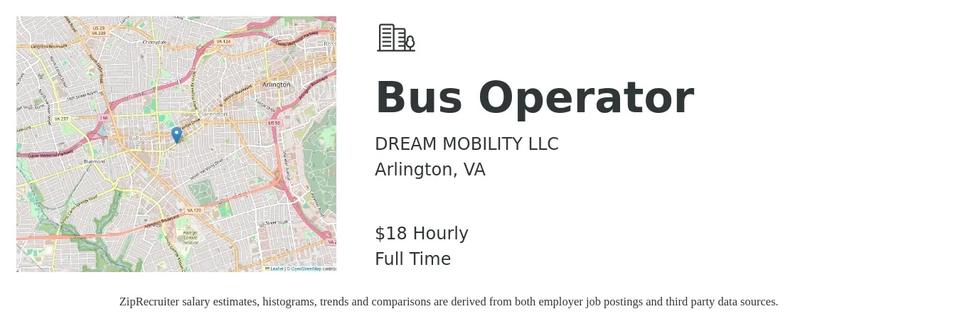 DREAM MOBILITY LLC job posting for a Bus Operator in Arlington, VA with a salary of $20 Hourly with a map of Arlington location.