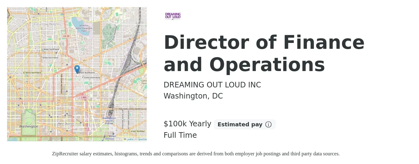 DREAMING OUT LOUD INC job posting for a Director of Finance and Operations in Washington, DC with a salary of $100,000 Yearly with a map of Washington location.