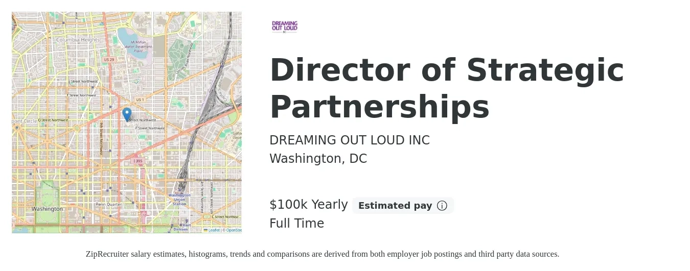 Dreaming Out Loud job posting for a Director of Strategic Partnerships in Washington, DC with a salary of $100,000 Yearly with a map of Washington location.
