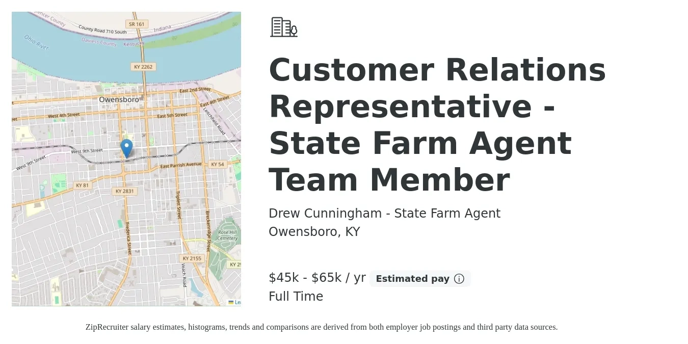Drew Cunningham - State Farm Agent job posting for a Customer Relations Representative - State Farm Agent Team Member in Owensboro, KY with a salary of $45,000 to $65,000 Yearly with a map of Owensboro location.
