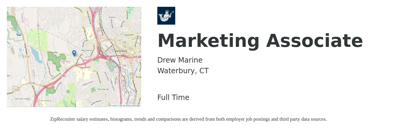 Drew Marine job posting for a Marketing Associate in Waterbury, CT with a salary of $43,000 to $59,400 Yearly with a map of Waterbury location.
