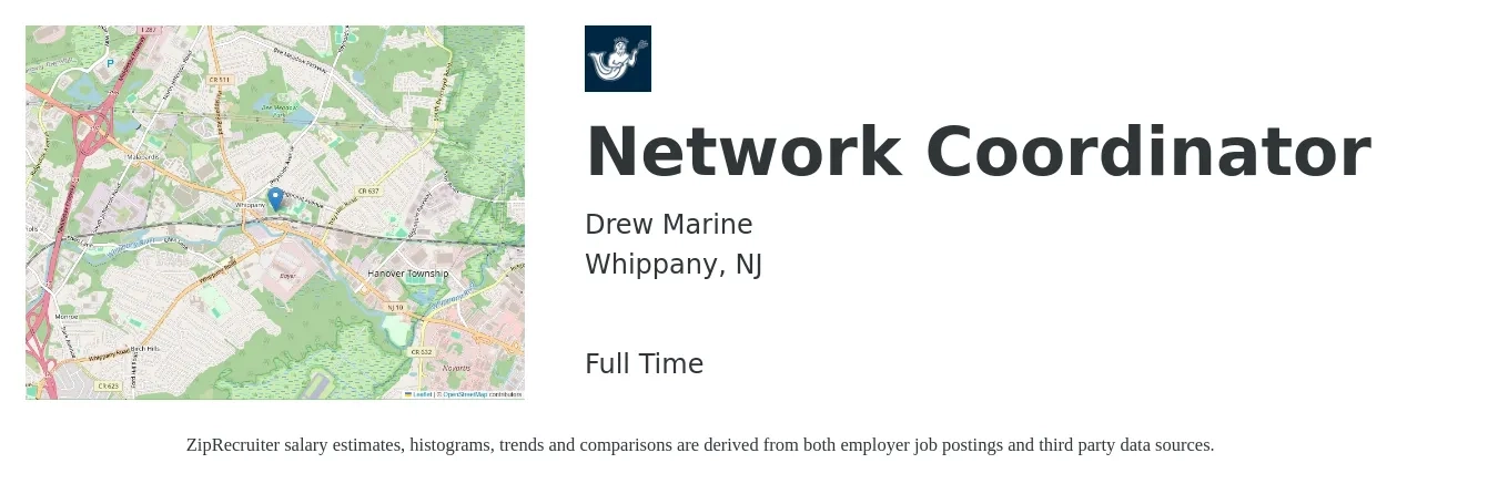 Drew Marine job posting for a Network Coordinator in Whippany, NJ with a salary of $50,600 to $69,300 Yearly with a map of Whippany location.