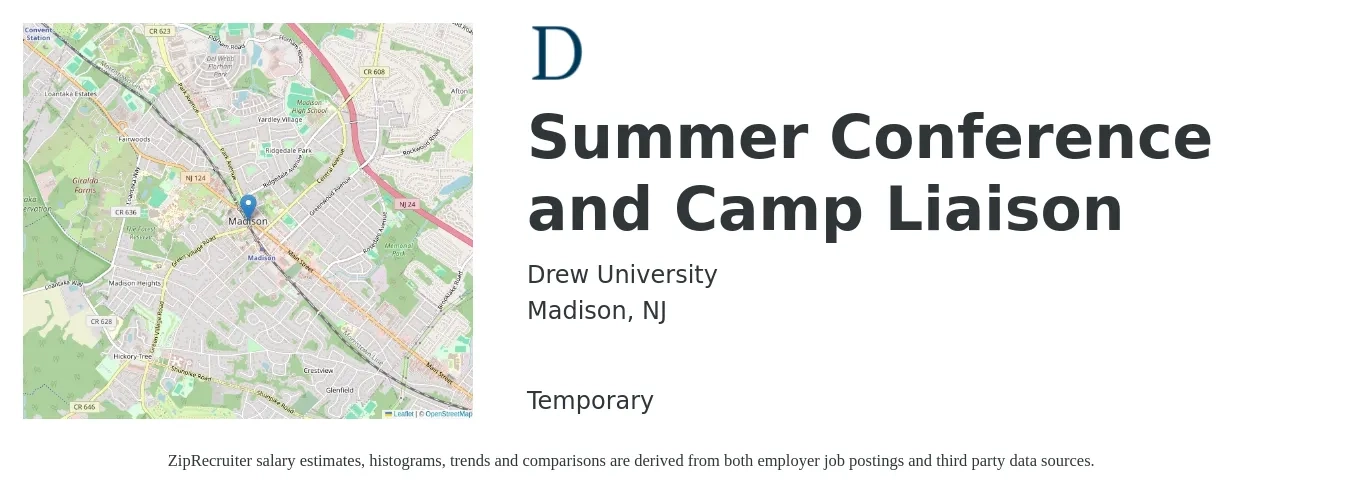 Drew University job posting for a Summer Conference and Camp Liaison in Madison, NJ with a salary of $20 to $32 Hourly with a map of Madison location.