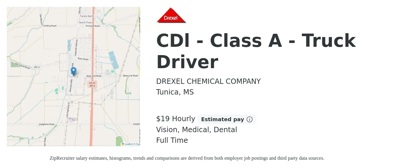 DREXEL CHEMICAL COMPANY job posting for a CDl - Class A - Truck Driver in Tunica, MS with a salary of $20 Hourly and benefits including medical, vision, and dental with a map of Tunica location.